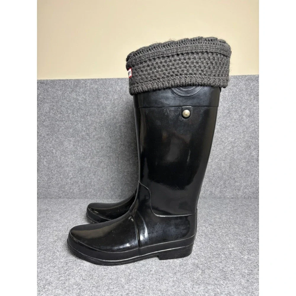 Hunter Women's Black Rain Boots with Charcoal Knit Cuffs